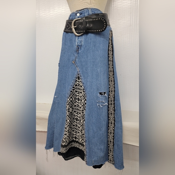 Bohemian Hippie Vibe Levi's 501 Jean Skirt Upcycled - Picture 3 of 15